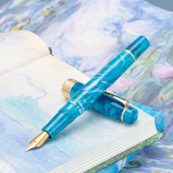 Asvine P20 Kolbenfüllfederhalter aus blauem Harz, Iridium-Feder mit mittlerer Goldverzierung Trim Smooth Writer Collection mit Etui-Set