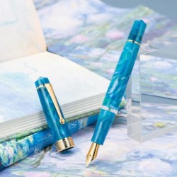 Asvine P20 Kolbenfüllfederhalter aus blauem Harz, Iridium-Feder mit mittlerer Goldverzierung Trim Smooth Writer Collection mit Etui-Set