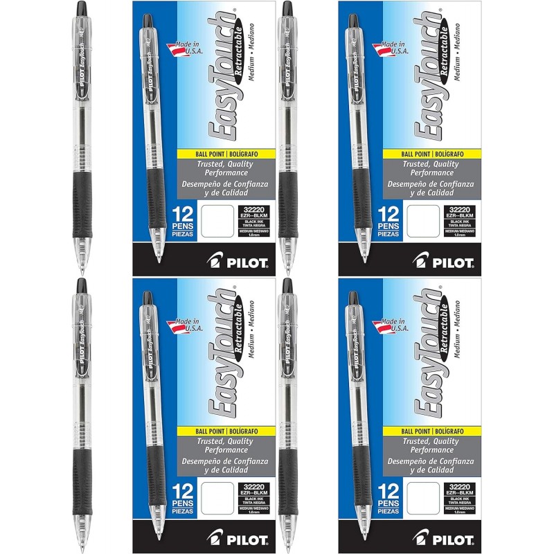 PILOT EasyTouch Nachfüllbare und einziehbare Kugelschreiber, mittlere Spitze, schwarze Tinte, 12 Stück (32220) – 4er-Pack