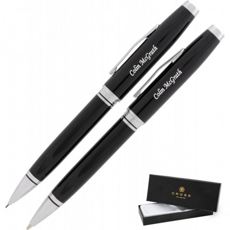 Dayspring Pens Cross Pen mit Gravur | Personalisiertes Cross Coventry Kugelschreiber- und Bleistiftset in Schwarzlack. In Silber graviert. Preiswerter Luxusstift in Cross-Geschenkbox. Schwarze Tinte mit Drehmechanismus.