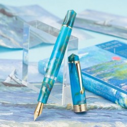 Asvine P20 Kolbenfüllfederhalter aus seeblauem Harz, Iridium-Feder mittlerer Stärke, Goldrand, Smooth Writer Collection mit Etui-Set