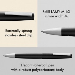 Lamy 2000 schwarz - Edler Tintenroller im robusten Fiberglasschaft - Perfekt ausbalanciert & in Strichstärke MM 63 Rollerball-Mine in Schwarz