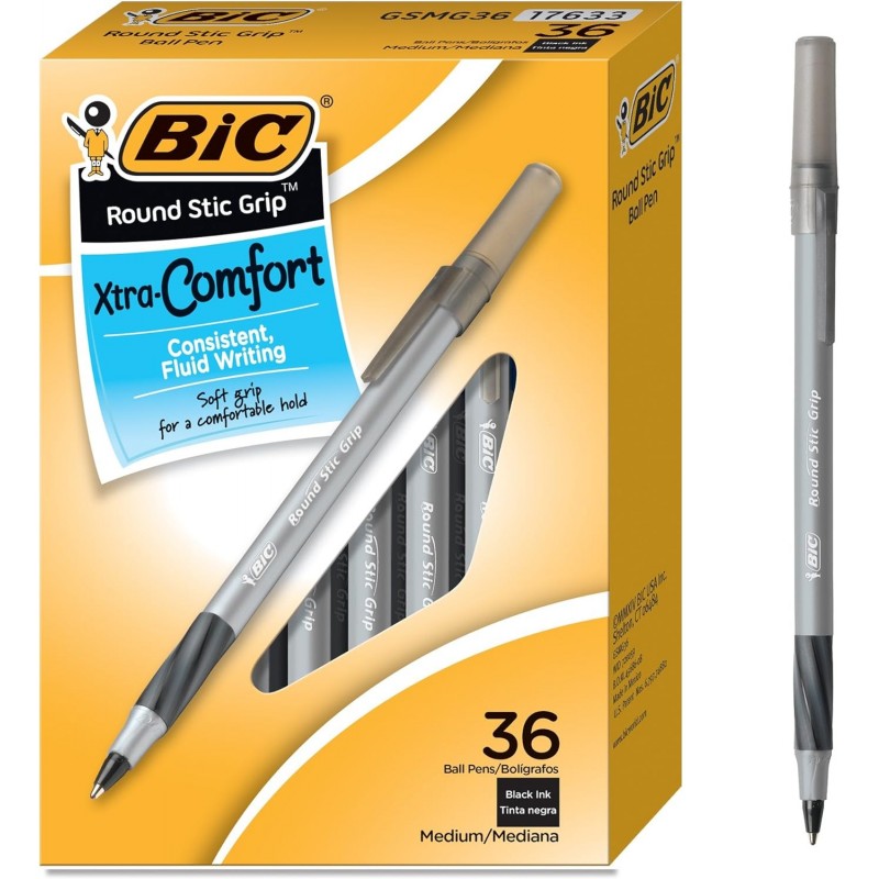 BIC Round Stic Grip Xtra Comfort Kugelschreiber, mittlere Spitze (1,2 mm), Schwarz, weicher Griff für mehr Komfort und Kontrolle, 36er-Packung (GSMG361-BLK) (18er-Packung, insgesamt 648 Stück)