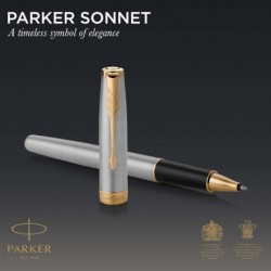 PARKER Sonnet Tintenroller, Edelstahl mit Goldrand, feine Spitze, schwarze Tinte (1931506)