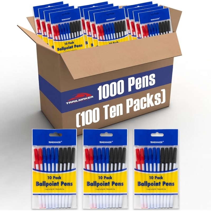 Trail Maker 1000 Stifte in Großpackungen (100 Packungen mit 10 Stiften) Tintenschreiber in Großpackungen mit Kugelschreiber für Büros, Schulen | Stifte mit roter, schwarzer und blauer Tinte für Kinder, Frauen, Männer, Geschenke