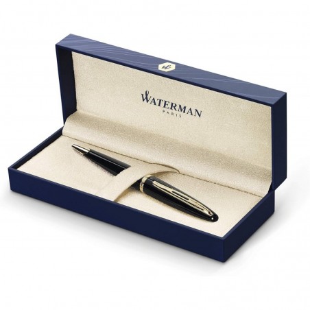 Waterman Carène Black Sea Kugelschreiber, Hochglanzschwarz & 23 Karat Gold-Clip, mittlere Spitze mit blauer Tintenpatrone, Geschenkbox