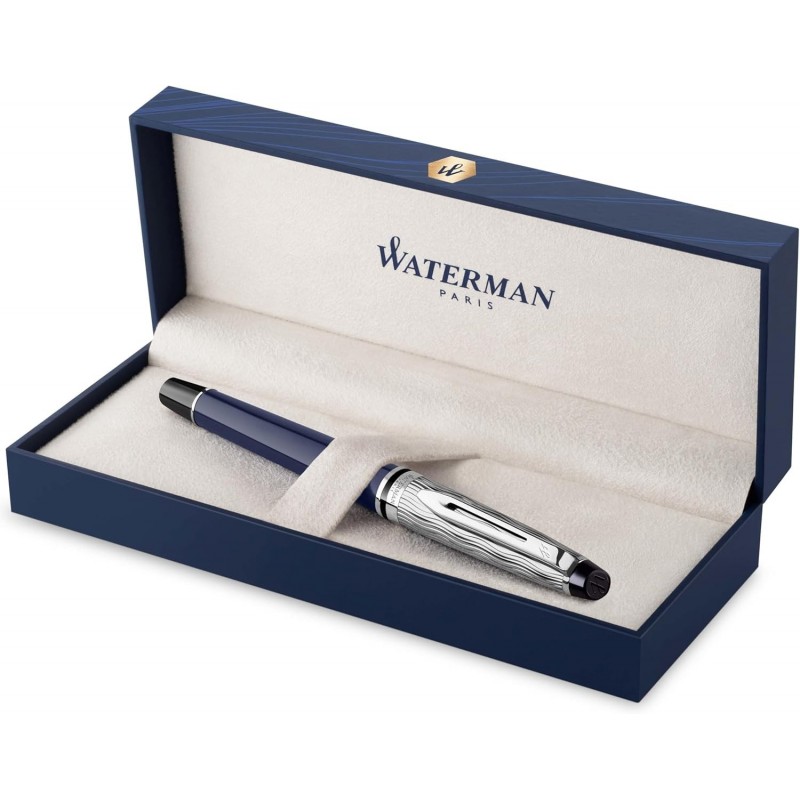 Waterman Expert Tintenroller | Metall und blauer Lack | Geformte Kappe | Schwarze Tinte | Geschenkbox