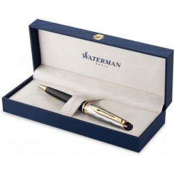 Waterman Expert Kugelschreiber | Metall und schwarzer Lack mit Goldrand und gemeißelter Kappe | Mittlere Spitze | Blaue Tinte | Geschenkbox