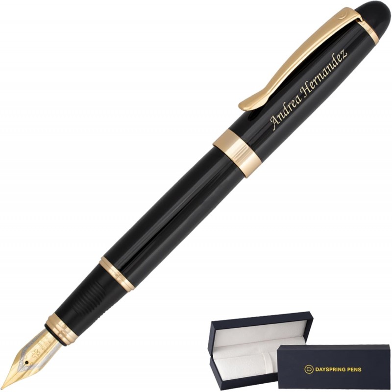 Dayspring Pens Alexandria schwarzer Füllfederhalter mit Goldrand, personalisierte gravierte Stifte als Geschenk für Feiertage und Firmenauszeichnungen. Mittlere Edelstahlfeder, schwarze Tinte und Konverter in Geschenkbox