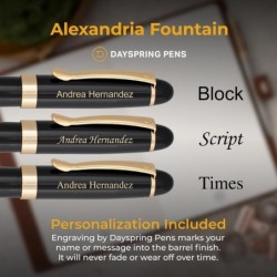 Dayspring Pens Alexandria schwarzer Füllfederhalter mit Goldrand, personalisierte gravierte Stifte als Geschenk für Feiertage und Firmenauszeichnungen. Mittlere Edelstahlfeder, schwarze Tinte und Konverter in Geschenkbox