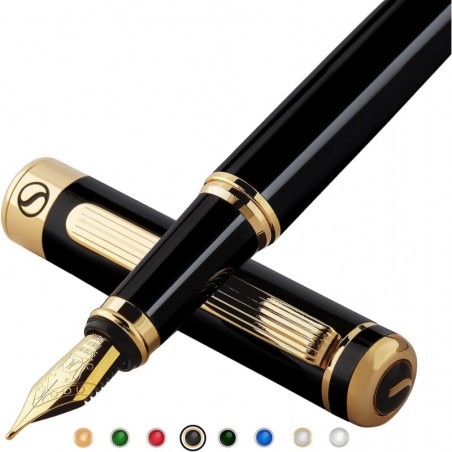 Luxus-Füllfederhalter von Scriveiner – umwerfender schwarzer Lackstift, 24-Karat-Gold-Finish, 18-Karat-vergoldete Schmidt-Feder (mittel), Konverter, bestes Stift-Geschenkset für Männer und Frauen, Berufstätige, Führungskräfte, Büro, schöne Stifte