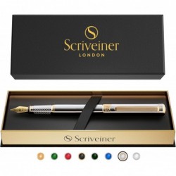 Scriveiner Silber-Chrom-Füllfederhalter – umwerfender Luxusstift mit 24-Karat-Gold-Finish, 18-Karat-vergoldete Schmidt-Feder (mittel), bestes Stift-Geschenkset für Männer und Frauen, Berufstätige, Führungskräfte, Büro, schöne Designer-Stifte