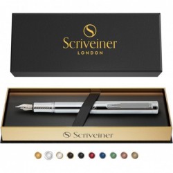 Scriveiner Silberchrom-Füllfederhalter (mittel), preisgekrönter Luxusstift, schwerer Taschenstift, Chrom-Finish, Schmidt-Feder, Konverter, bestes EDC-Schreibstift-Geschenkset für Männer und Frauen, schöner, schicker Bürostift