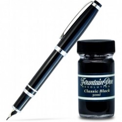 Fountain Pen Revolution FPR Ambassador Schwarzer Füllfederhalter mit Ultra Flex-Feder – Luxus-Stifteset inkl. schwarzer Tintenflasche, Flaschenfüllkonverter und 2 langen Patronen