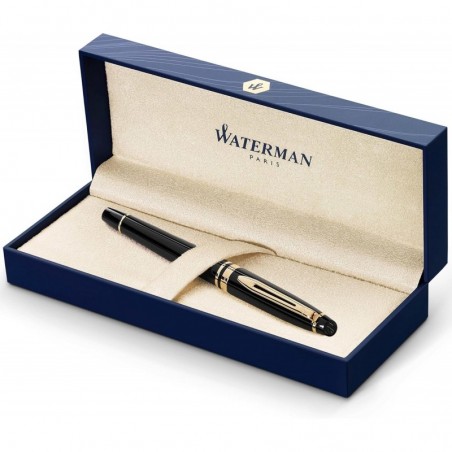 Waterman Expert Füllfederhalter | Schwarz glänzend mit 23-Karat-Goldbesatz | Mittlere Feder | Geschenkbox