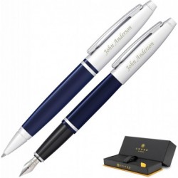 Dayspring Pens, graviertes Cross Pen Set | Personalisiertes Cross Calais Kugelschreiber- und Füllfederhalter-Set mit Etui – blauer Lack mit Chromverzierungen. Individuell graviertes Geschenk mit Ihrem Namen