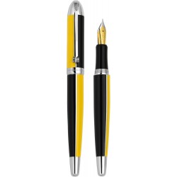 Xezo Visionary Füllfederhalter aus Messing und Aluminium, fein/extrafein, Speed ​​Yellow und Schwarzlack. Nummeriert in einer limitierten Auflage von 500 Stück. Klassische Farbgebung im Art Deco-Stil, retrofuturistischer Korpusstil