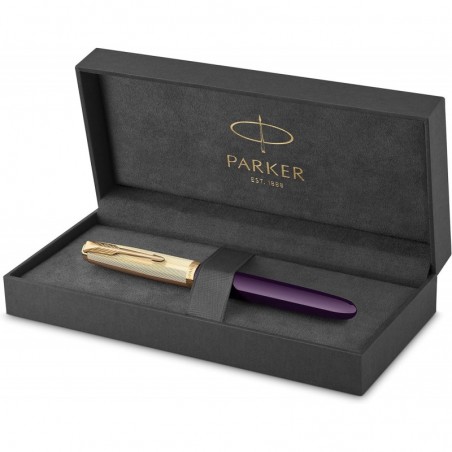 Parker 51 Füllfederhalter | Deluxe-Pflaumenschaft mit Goldrand | feine 18-Karat-Goldfeder mit schwarzer Tintenpatrone | Geschenkbox