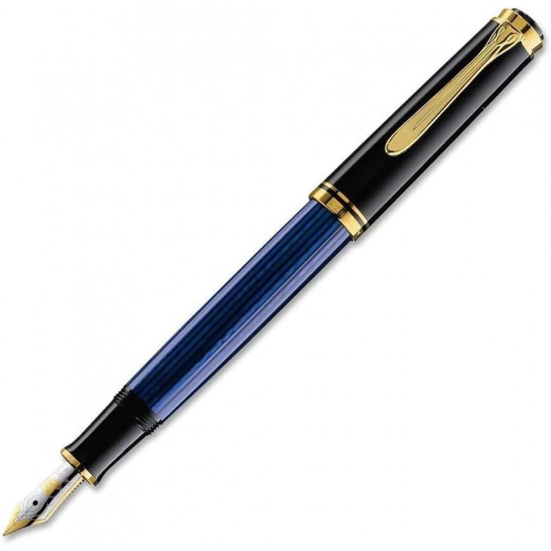 Pelikan Souverän M600 Füllfederhalter, 14-Karat-Gold extra feine Feder, schwarz/blauer Schaft mit goldenen Akzenten (995308)