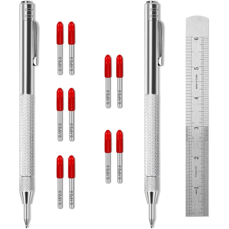 2er-Pack Anreißwerkzeug mit Hartmetallspitze und 10 Ersatzminen, 1 Lineal, Anreißer-Markierungswerkzeug für Metall mit Magnet, hochwertiger Ätz- und Gravurstift für Glas/Holz/Metallblech/Leder