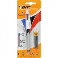 Bic 4-Farben-Kombination aus Stift und Bleistift, 3 Kugelschreiber Medium 1,0 mm Blau, Schwarz, Rot, 1 Druckbleistift, 12 Minen Medium 0,7 mm, 1 pro Packung, 1 Packung