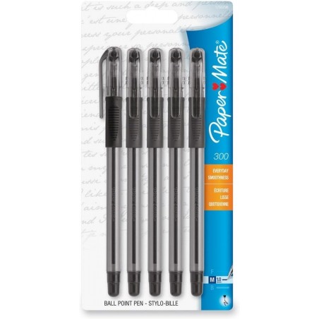 Paper Mate 300 Stick-Kugelschreiber, mittlere Spitze, schwarze Tinte, 5er-Pack (1760298)