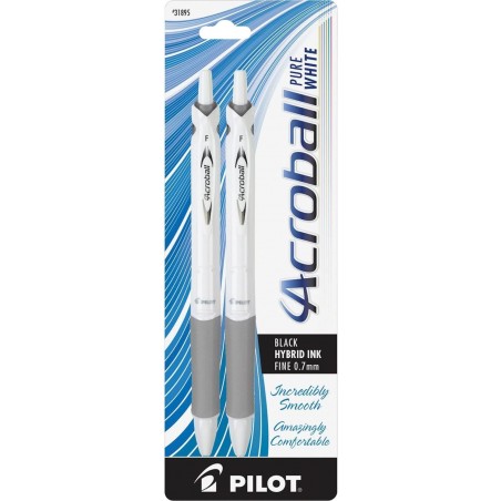 Pilot Acroball PureWhite Kugelschreiber mit Druckfunktion und fortschrittlicher Tinte; feine Spitze, schwarze Tinte, silberne Akzente, 2er-Pack (31895), ultraweiches Schreiben, wischfeste fortschrittliche Tinte für lückenlose Linien