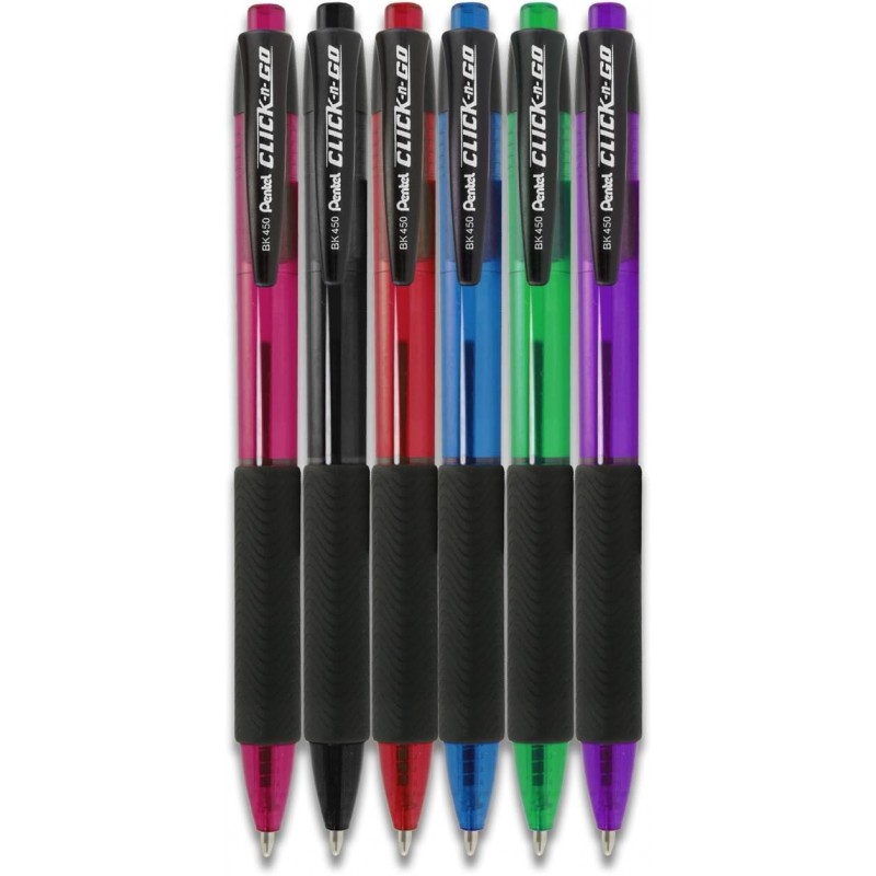 Pentel Click-N-Go Druckkugelschreiber, Mittel, Sortiert, Schwarze Tinte, 6/Packung