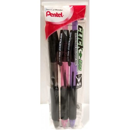 Pentel Click-n-Go Druckkugelschreiber, mittlere schwarze Tinte, 3er-Pack (BK450PP3M) von Pentel