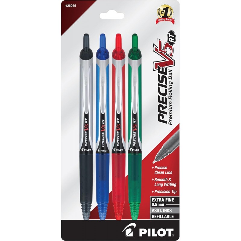 Pilot, Precise V5 RT, nachfüllbarer und einziehbarer Kugelschreiber mit Flüssigtinte, extrafeine Spitze (0,5 mm), Schwarz/Blau/Grün/Rot, 4er-Pack