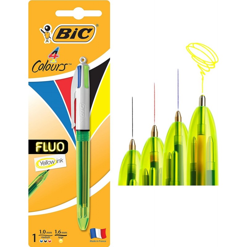 Bic 4 Colours Fluo Kugelschreiber, Tintenfarben Schwarz, Blau, Rot und fluoreszierendes Gelb, 1 Packung