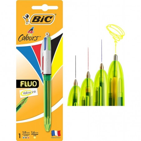 Bic 4 Colours Fluo Kugelschreiber, Tintenfarben Schwarz, Blau, Rot und fluoreszierendes Gelb, 1 Packung