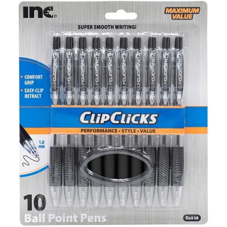 Clip Clicks - Langlebig, angenehmer Griff, Easy Clip, einziehbar, Schwarz, 10 Stifte