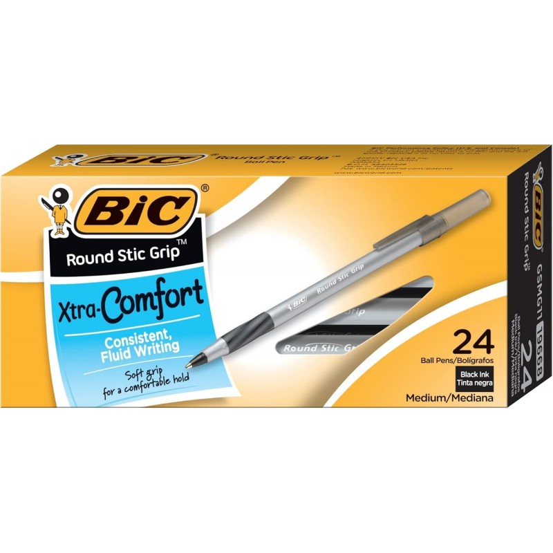 BIC Round Stic Grip Xtra Comfort Kugelschreiber, mittlere Spitze (1,2 mm), schwarz, 24 Stück, weicher Griff, flüssiges Schreiben