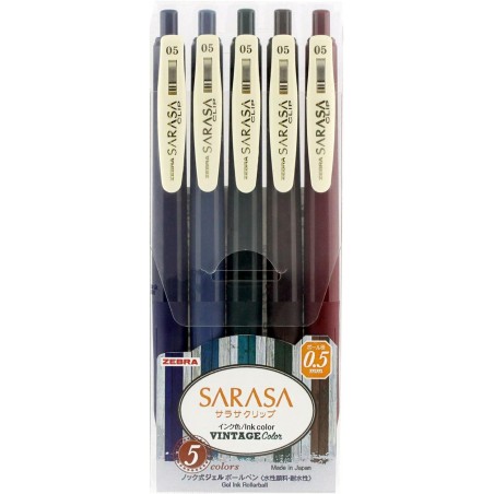 ZEBRA Sarasa Clip Gel-Tinten-Kugelschreiber, 0,5 mm, Gummigriff, Vintage-Farben, 5-Farben-Set (JJ15-5C-VI)