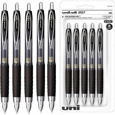 Uniball Signo 207, schwarze Gelschreiber mit Druckfunktion, 5er-Pack mit Ultra Micro-Spitzen (0,38 mm), fälschungssicherer Uni-Ball-Stift und die besten Bürostifte, Pflegestifte, Businessstifte und Bibelstifte