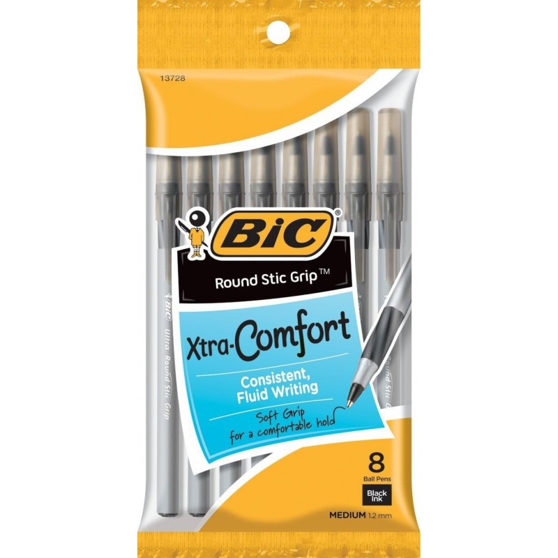 BIC Round Stic Grip Xtra Comfort Kugelschreiber, mittlere Spitze (1,2 mm), schwarz, 8 Stück