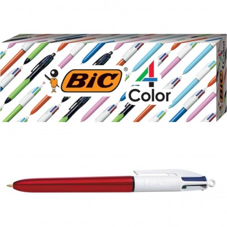 BIC 4-Color Shine Kugelschreiber, roter Schaft, mittlere Spitze (1,0 mm), verschiedene Tinten, 3 Stück