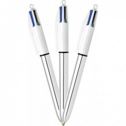 BIC 4-Color Shine Kugelschreiber, silberner Schaft, mittlere Spitze (1,0 mm), verschiedene Tinten, 3 Stück