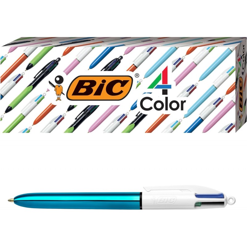 BIC 4-Color Shine Kugelschreiber, blauer Schaft, mittlere Spitze (1,0 mm), verschiedene Tinten, 3 Stück