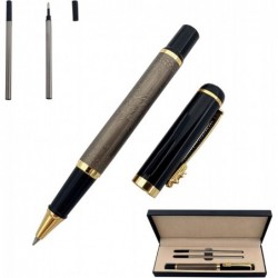 Tintenroller aus Metall, Kugelschreiber aus Messing, Business-Signatur-Stift, flüssiger Schreibstift mit zwei 0,5-mm-Ersatzminen in Schwarz, Geschenkstift, Premium-Geschenkbox (Silber)