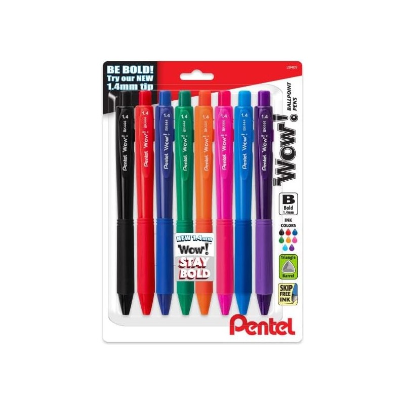 Pentel Wow! Druckkugelschreiber, (1,4 mm) dicke Linie, verschiedene Tintenfarben, 8er-Pack