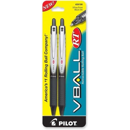 Pilot VBall RT Kugelschreiber mit Flüssigtinte, nachfüllbar und einziehbar, extrafeine Spitze, schwarze Tinte, 2er-Pack (26100)