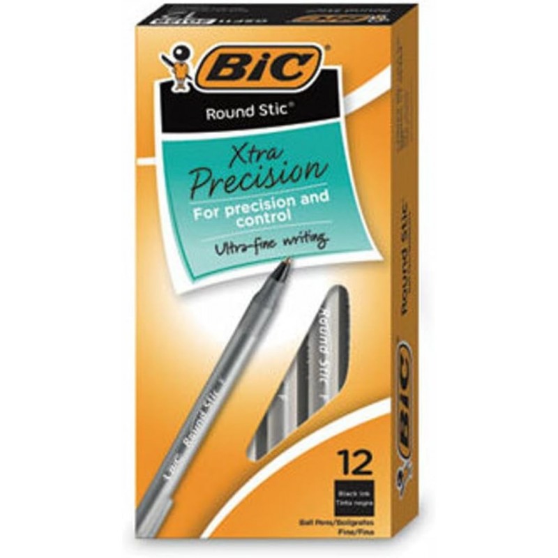 BIC Round Stic Xtra Precision Kugelschreiber, feine Spitze (0,8 mm), schwarz, 12 Stück