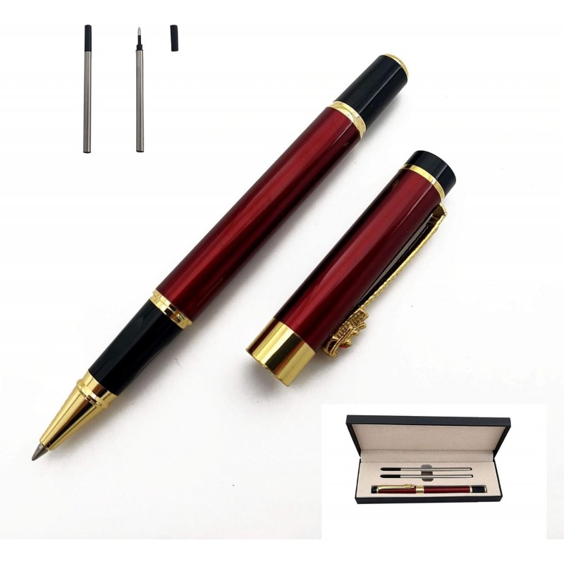 Kugelschreiber mit feiner Feder, hochwertiger Business-Signatur-Stift, Metallclip, Tintenroller mit schwarzer Tinte und zwei 0,5-mm-Ersatzminen, Geschenkstift, Premium-Geschenkbox (rot)