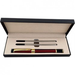 Kugelschreiber mit feiner Feder, hochwertiger Business-Signatur-Stift, Metallclip, Tintenroller mit schwarzer Tinte und zwei 0,5-mm-Ersatzminen, Geschenkstift, Premium-Geschenkbox (rot)