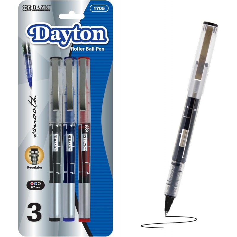 BAZIC Dayton Tintenroller, 0,7 mm, verschiedene Farben, Regulator-Flüssigtintenstifte, Rollkugelschreiber für sanftes Schreiben fürs Büro (3/Packung), 1 Packung