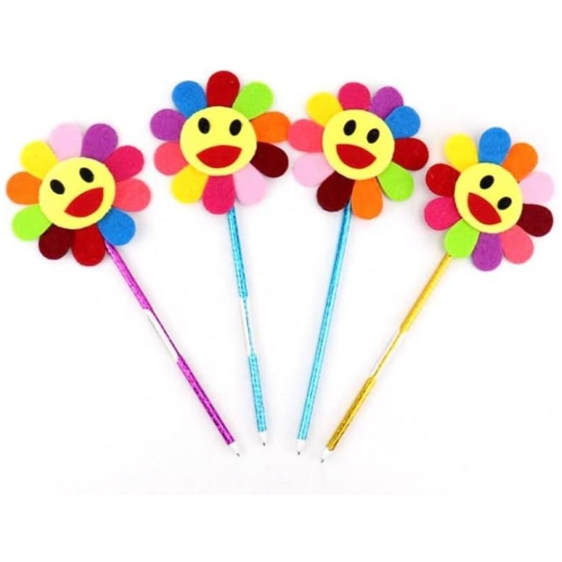 Happy Rainbow – Einzigartiger Kugelschreiber – Kugelschreiber (4 in 1) – Schwarze Tinte – 4 fröhliche Filzblumen mit Smileys – 4 verschiedene Farben