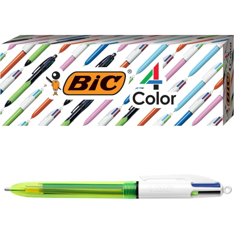 BIC 4-Farben Fluo Kugelschreiber, mittlere/dicke Spitze (1,0/1,6 mm), verschiedene Tinten, 3 Stück