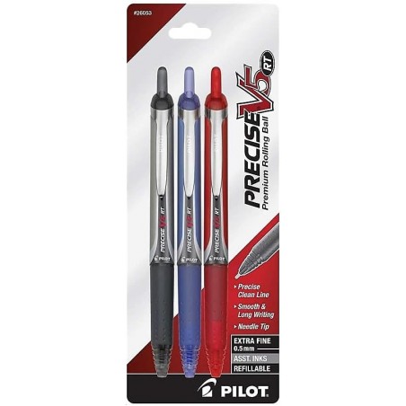 PILOT Precise V5 RT Kugelschreiber mit Flüssigtinte, nachfüllbar und einziehbar, extrafeine Spitze (0,5 mm), schwarze/blaue/rote Tinte, 3er-Pack (26053)